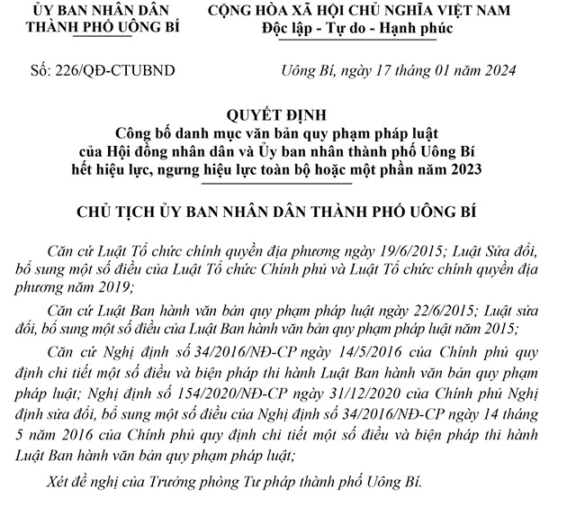 Công bố danh mục văn bản quy phạm pháp luật của Hội đồng nhân dân và Ủy ban nhân thành phố 32Win12 com tại tài khoản hết hiệu lực, ngưng hiệu lực toàn bộ hoặc một phần năm 2023