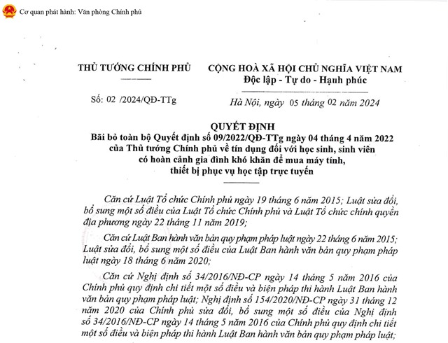 32Win1 com nhà cái bãi bỏ toàn bộ 32Win1 com nhà cái số 09/2022/QĐ-TTg ngày 04 tháng 4 năm 2022 của Thủ tướng Chính phủ về tín dụng đối với học sinh, sinh viên có hoàn cảnh gia đình khó khăn để mua máy tính, thiết bị phục vụ học tập trực tuyến