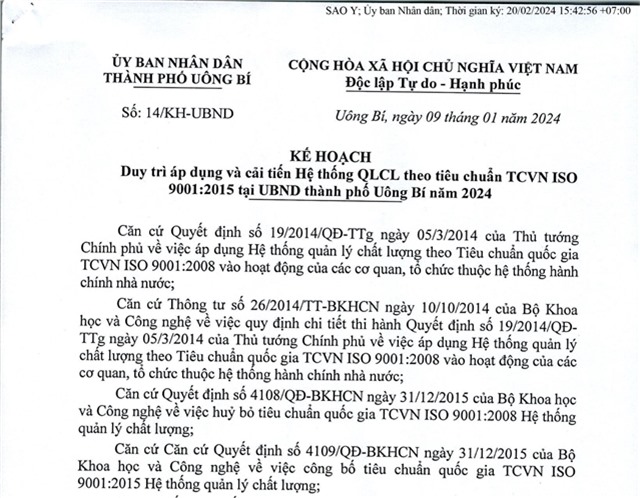 Kế hoạch duy trì áp dụng và cải tiến Hệ thống QLCL theo tiêu chuẩn TCVN ISO 9001:2015 tại UBND thành phố 32Win12 com tại tài khoản năm 2024