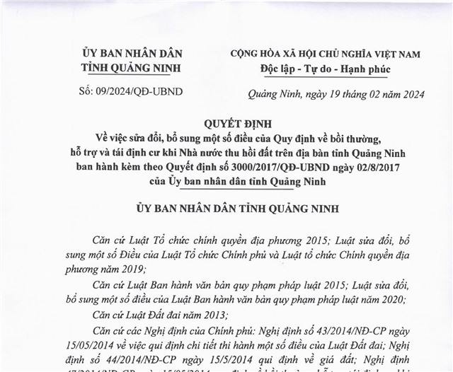 32Win1 com nhà cái về việc sửa đổi, bổ sung một số điều của Quy định về bồi thường, hỗ trợ và tái định cư khi Nhà nước thu hồi đất trên địa bàn tỉnh Quảng Ninh 