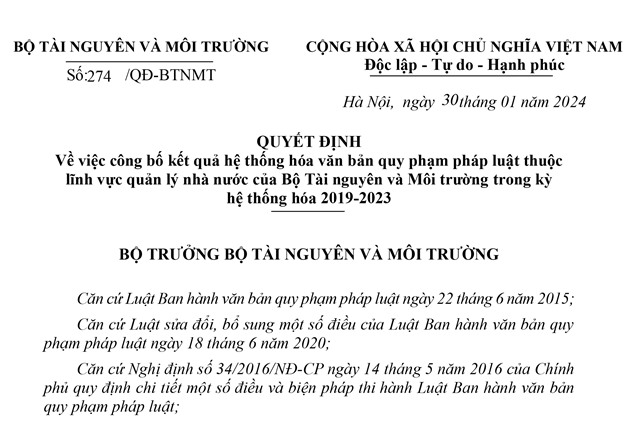 Công bố kết quả hệ thống hóa văn bản quy phạm pháp luật thuộc lĩnh vực quản lý nhà nước của Bộ TN-MT trong kỳ thệ thống hóa 2019 - 2023