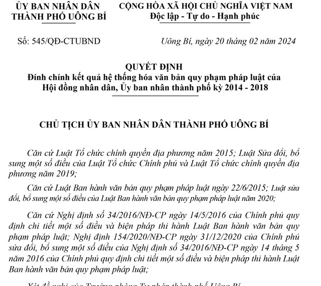 Đính chính kết quả hệ thống hóa văn bản quy phạm pháp luật của Hội đồng nhân dân, Ủy ban nhân thành phố kỳ 2014 - 2018
