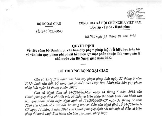 Công bố danh mục văn bản quy phạm pháp luật hết hiệu lực toàn bộ và hết hiệu lực một phần thuộc lĩnh vực quản lý nhà nước của Bộ Ngoại giao năm 2022