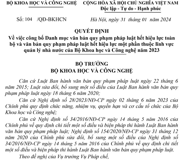 Công bố danh mục văn bản quy phạm pháp luật hết hiệu lực toàn bộ và văn bản quy phạm pháp luật hết hiệu lực một phần thuộc lĩnh vực quản lý nhà nước của Bộ Khoa học và công nghệ năm 2023