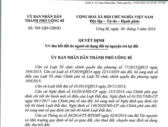 32Win1 com nhà cái số 769/QĐ-UBND ngày 06/03/2024 V/v thu hồi đất do người sử dụng đất tự nguyện trả lại đất của ông Vũ Thành Trung