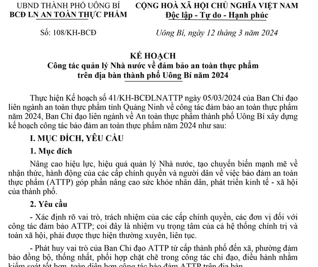 Kế hoạch Công tác quản lý Nhà nước về đảm bảo an toàn thực phẩm trên địa bàn thành phố 32Win12 com tại tài khoản năm 2024
