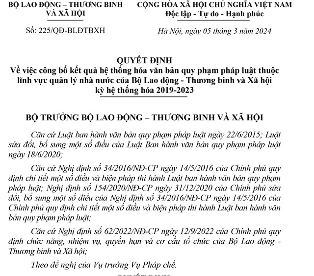 32Win1 com nhà cái về việc công bố kết quả hệ thống hóa văn bản quy phạm pháp luật thuộc lĩnh vực quản lý nhà nước của Bộ Lao động - Thương binh và Xã hội kỳ hệ thống hóa 2019-2023