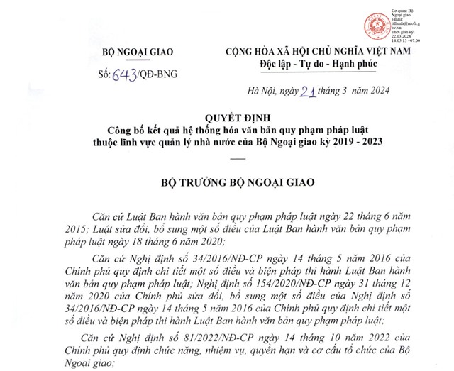 32Win1 com nhà cái Công bố kết quả hệ thống hóa văn bản quy phạm pháp luật thuộc lĩnh vực quản lý nhà nước của Bộ Ngoại giao kỳ 2019-2023