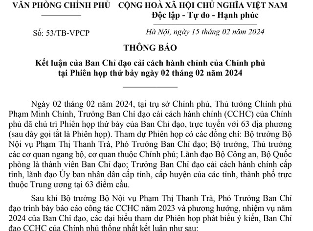 Thông báo kết luận của Ban Chỉ đạo cải cách 32Win32 app tải về của Chính phủ tại Phiên họp thứ 7 ngày 02 tháng 02 năm 2024