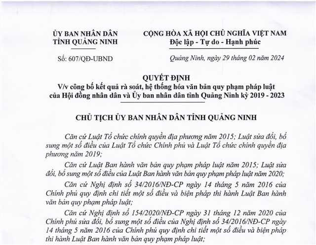 Công bố kết quả rà soát, hệ thống hóa văn bản quy phạm pháp luật của Hội đồng Nhân dân và Ủy ban Nhân dân tỉnh Quảng Ninh kỳ 2019 - 2023
