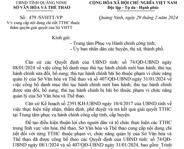 Cung cấp nội dung chi tiết TTHC thuộc thẩm quyền giải quyết của Sở VHTT