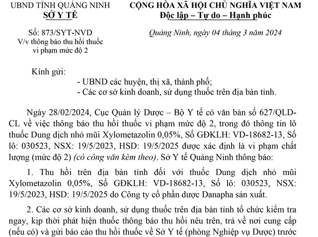 Thông báo thu hồi thuốc vi phạm mức độ 2
