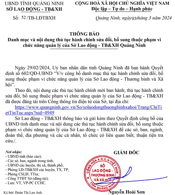 Danh mục và nội dung thủ tục 32Win32 app tải về sửa đổi, bổ sung thuộc phạm vi chức năng quản lý của Sở Lao động - TB&XH Quảng Ninh