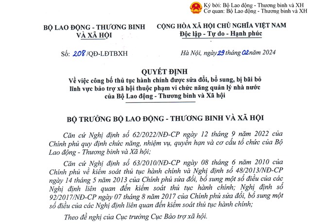 Công bố thủ tục 32Win32 app tải về được sửa đổi, bổ sung, bị bãi bỏ lĩnh vực bảo trợ xã hội thuộc phạm vi chức năng quản lý nhà nước của Bộ Lao động - Thương binh và Xã hội.