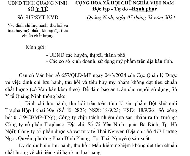 Đình chỉ lưu hành, thu hồi và tiêu hủy mỹ phẩm không đạt tiêu chuẩn chất lượng