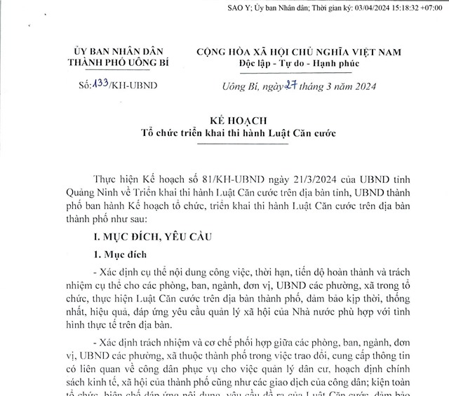 Kế hoạch tổ chức triển khai thi hành Luật Căn cước