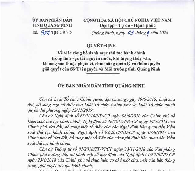 Công bố danh mục thủ tục 32Win32 app tải về trong lĩnh vực tài nguyên nước, khí tượng thủy văn, khoáng sản thuộc phạm vi chức năng quản lý và thẩm quyền giải quyết của Sở Tài nguyên và Môi trường tỉnh Quảng Ninh