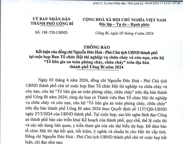Thông báo kết luận của đồng chí Nguyến Đức Hoà - Phó Chủ tịch UBNd thành phố tại cuộc họp Ban tổ chức Hội thi nghiệp vụ chữa cháy và cứu nạn cứu hộ "Tổ liên gia an toàn phòng cháy, chữa cháy" trên địa bàn thành phố 32Win12 com tại tài khoản năm 2024