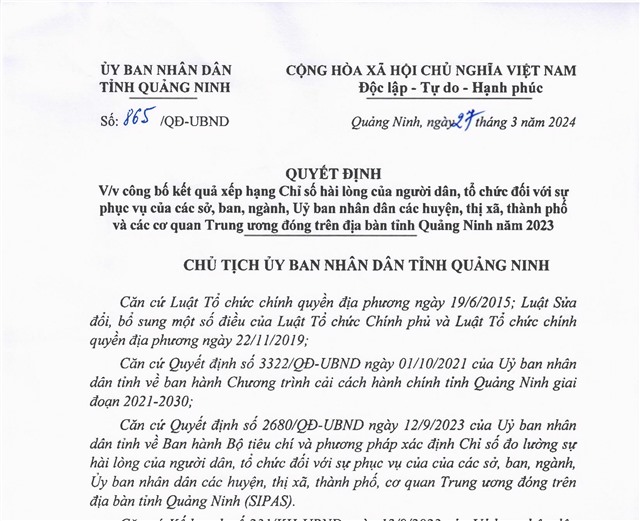 Công bố kết quả xếp hạng Chỉ số hài lòng của người dân, tổ chức đối với sự phục vụ của các sở, ban, ngành, UBND các huyện, thị xã, thành phố và các cơ quan Trung ương đóng trên địa bàn tỉnh Quảng Ninh năm 2023