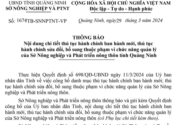 Thông báo nội dung chi tiết TTHC ban hành mới, TTHC sửa đổi, bổ sung thuộc phạm vi chức năng quản lý của Sở Nông nghiệp và Phát triển Nông thôn tỉnh Quảng Ninh.