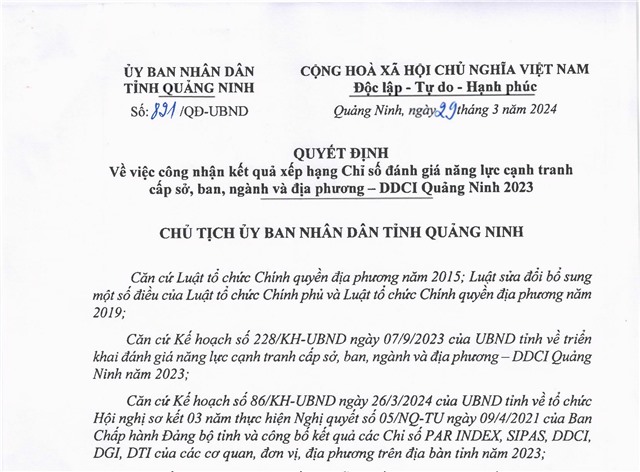 Công nhận kết quả xếp hạng Chỉ số đánh giá năng lực cạnh tranh cấp sở, ban, ngành và 32Win link đăng nhập - DDCI Quảng Ninh 2023