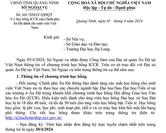Học bổng ICCR của Chính phủ Ấn Độ dành cho sinh viên Việt Nam