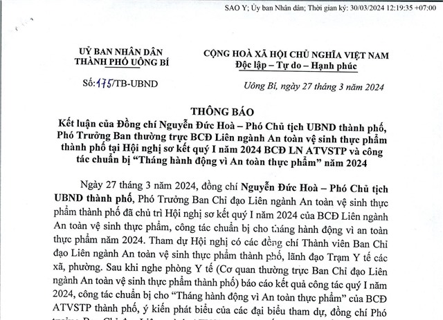 Thông báo kết luận của đồng chí Nguyễn Đức Hoà - Phó Chủ tịch UBND thành phố, Phó Trưởng ban thường trực BCĐ Liên ngành An toàn vệ sinh thực phẩm thành phố tại hội nghị sơ kết quý I năm 2024