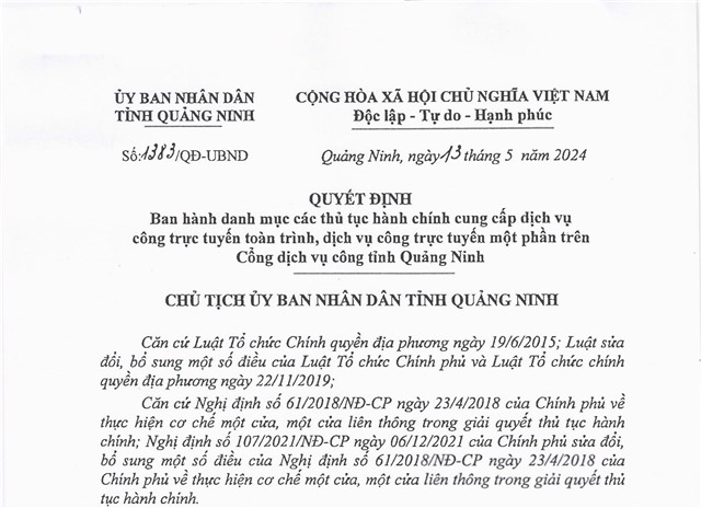 Ban hành danh mục các thủ tục 32Win32 app tải về cung cấp dịch vụ công trực tuyến toàn trình, dịch vụ công trực tuyến một phần trên Cổng dịch vụ công tỉnh Quảng Ninh.