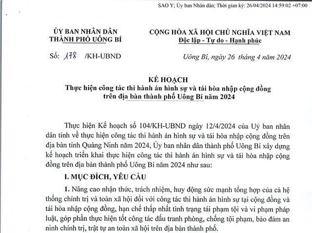Kế hoạch thực hiện công tác thi hành án hình sự và tái hoà nhập cộng đồng trên địa bàn thành phố 32Win12 com tại tài khoản năm 2024