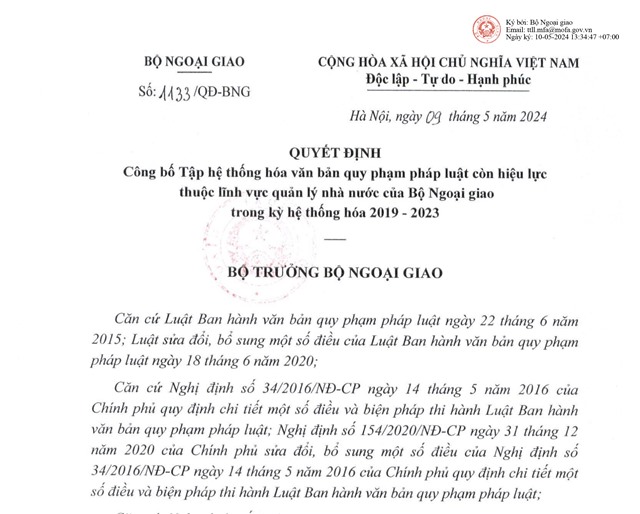 32Win1 com nhà cái công bố Tập hệ thống hóa văn bản quy phạm pháp luật còn hiệu lực thuộc lĩnh vực quản lý Nhà nước của Bộ Ngoại giao trong kỳ hệ thống hóa 2019-2023