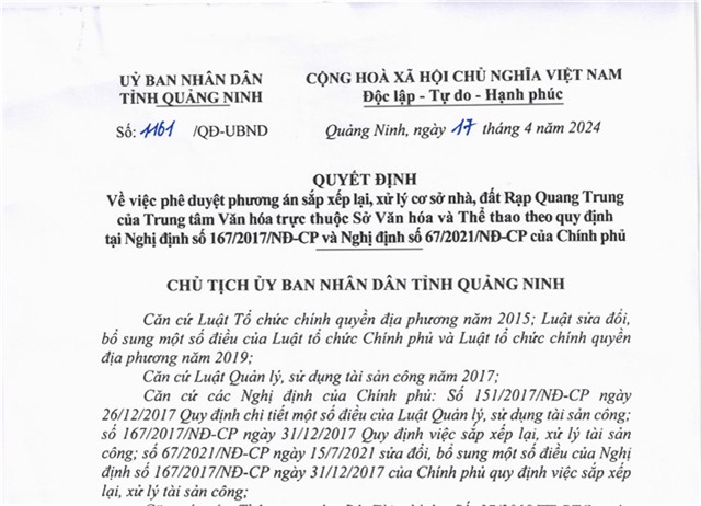 32Win1 com nhà cái về việc phê duyệt phương án sắp xếp lại, xử lý cơ sở nhà, đất Rạp Quang Trung của Trung tâm Văn hóa trực thuộc Sở Văn hóa và Thể thao theo quy định