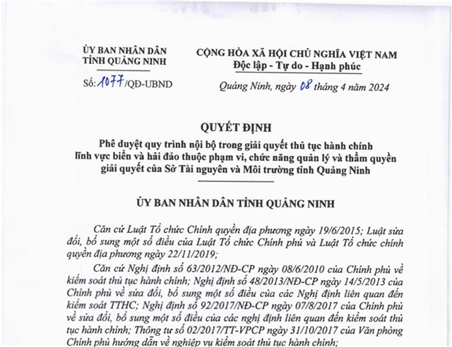 Phê duyệt quy trình nội bộ trong giải quyết thủ tục 32Win32 app tải về lĩnh vực biển và hải đảo thuộc phạm vi, chức năng quản lý và thẩm quyền giải quyết của Sở Tài Nguyên - Môi Trường tỉnh Quảng Ninh