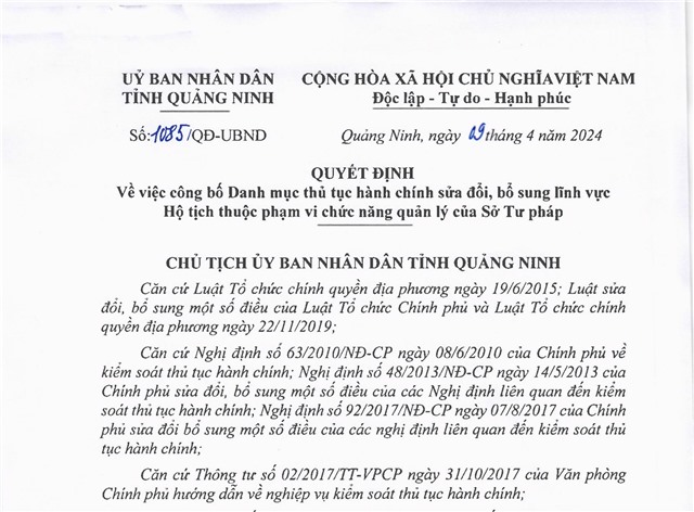 Công bố Danh mục thủ tục 32Win32 app tải về sửa đổi, bổ sung lĩnh vực hộ tịch thuộc phạm vi chức năng quản lý của Sở Tư pháp