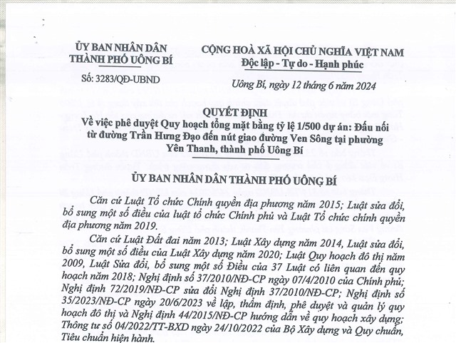 32Win1 com nhà cái về việc phê duyệt quy hoạch tổng mặt bằng tỷ lệ 1/500 dự án: Đấu nối từ đường Trần Hưng Đạo đến nút giao thông đường Ven Sông tại phường Yên Thanh, thành phố 32Win12 com tại tài khoản