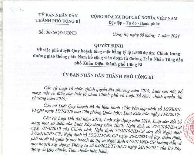 32Win1 com nhà cái về việc phê duyệt quy hoạch tổng mặt bằng tỷ lệ 1/500 dự án: Chỉnh trang đường giao thông phía Nam hồ công viên đoạn từ đường Trần Nhân Tông đến phố Xuân Diệu, thành phố 32Win12 com tại tài khoản 