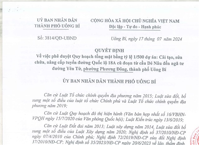 32Win1 com nhà cái về việc phê duyệt quy hoạch tổng mặt bằng tỷ lệ 1/500 dự án: Cải tạo, sửa chữa, nâng cấp tuyến đường Quốc lộ 18A cũ đoạn từ cầu Dẻ Nâu đến Ngã tư đường Yên Tử, phường Phương Đông, thành phố 32Win12 com tại tài khoản