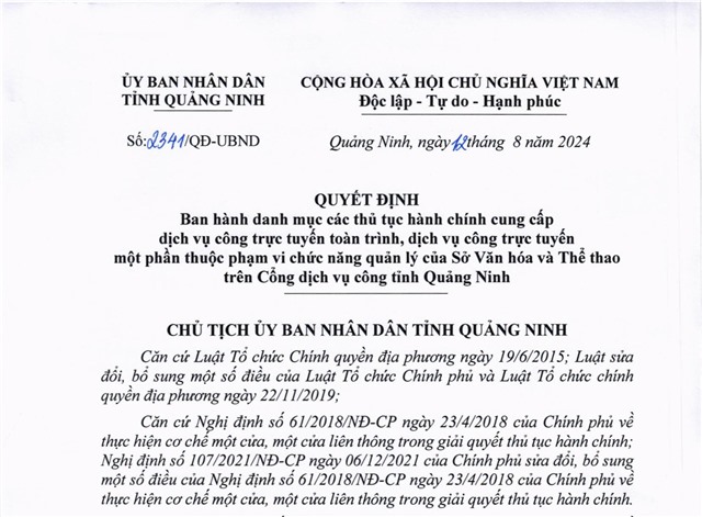 Ban hành danh mục các thủ tục 32Win32 app tải về cung cấp dịch vụ công trực tuyến toàn trình,dịch vụ công trực tuyến một phần thuộc phạm vi chức năng quản lý của Sở Văn hóa và Thể thao trên cổng dịch vụ công tỉnh Quảng Ninh