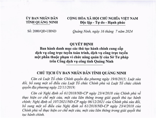 Ban hành danh mục các thủ tục 32Win32 app tải về cung cấp dịch vụ công trực tuyến toàn trình, dịch vụ công trực tuyến một phần thuộc phạm vi chức năng quản lý của Sở Tư pháp trên Cổng dịch vụ công tỉnh Quảng Ninh