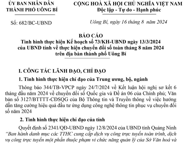 Báo cáo tình hình thực hiện kế hoạch số 73/KH-UBND ngày 13/3/2024 của UBND tỉnh về thực hiện chuyển đổi số toàn diện tháng 8 năm 2024 trên địa bàn thành phố 32Win12 com tại tài khoản