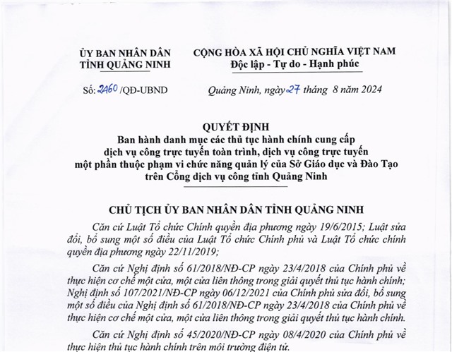 Ban hành danh mục các thủ tục 32Win32 app tải về cung cấp dịch vụ công trực tuyến toàn trình, dịch vụ công trực tuyến một phần thuộc phạm vi chức năng quản lý của Sở Giáo dục và Đào tạo trên cổng dịch vụ công tỉnh Quảng Ninh