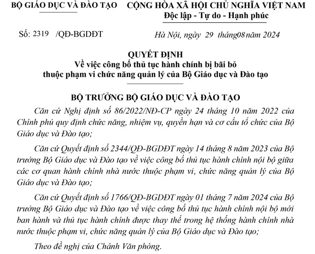 Công bố thủ tục 32Win32 app tải về bị bãi bỏ thuộc phạm vi chức năng, quản lý của Bộ Giáo dục và Đào tạo