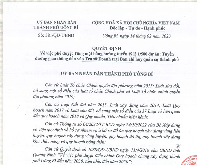 32Win1 com nhà cái về việc Phê duyệt Tổng mặt bằng hướng tuyến tỷ lệ 1/500 dự án: Tuyến đường giao thông dẫn vào Trụ sở doanh trại Ban Chỉ huy Quân sự thành phố