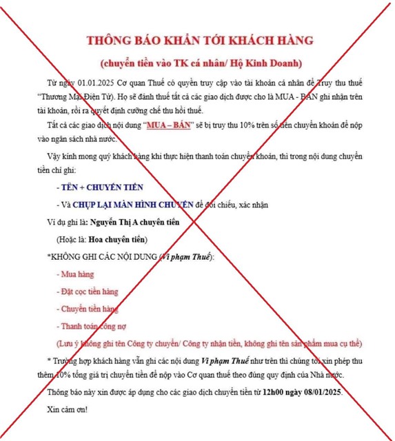 Cơ quan Thuế cảnh báo về thông tin truy thu thuế 10% trên các giao dịch chuyển khoản mua - bán