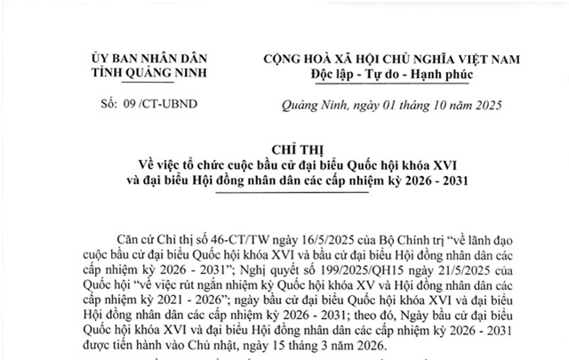 Chỉ thị về việc Tổ chức cuộc bầu cử đại biểu 32win1 Trang Chủ 32win Chính Thức khóa XVI và đại biểu Hội đồng nhân dân các cấp nhiệm kỳ 2026-2031 