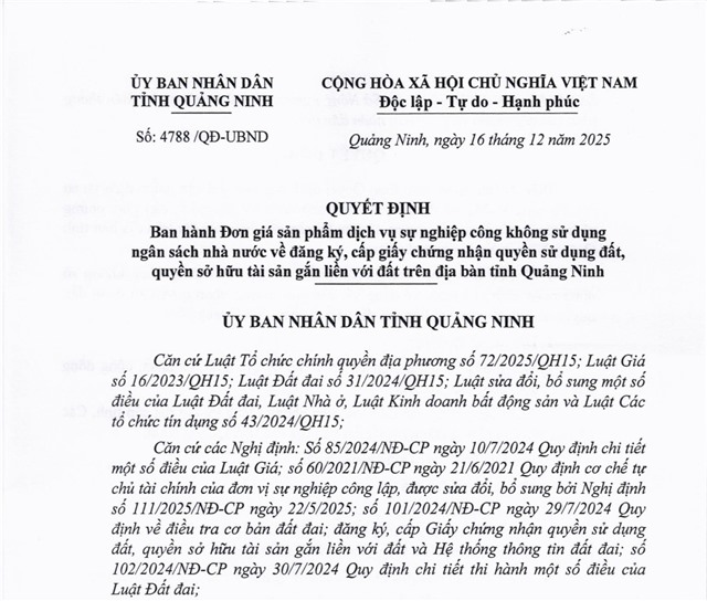 32Win1 com nhà cái Ban hành đơn giá sản phẩm dịch vụ sự nghiệp công không sử dụng ngân sách nhà nước về đăng ký, cấp giấy chứng nhận quyền sử dụng đất, quyền sở hữu tài sản gắn liền với đất trên địa bàn tỉnh Quảng Ninh