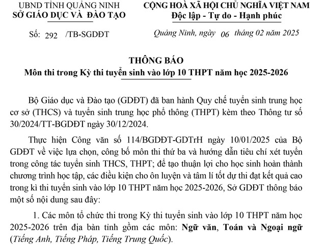 Sở Giáo dục và Đào tạo tỉnh Quảng Ninh thông báo môn thi trong kỳ thi tuyển sinh vào lớp 10 THPT năm 2025-2026