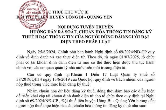 Hướng dẫn rà soát, chuẩn hóa thông tin đăng ký thuế hoặc thông tin của người đứng đầu/người đại diện theo pháp luật
