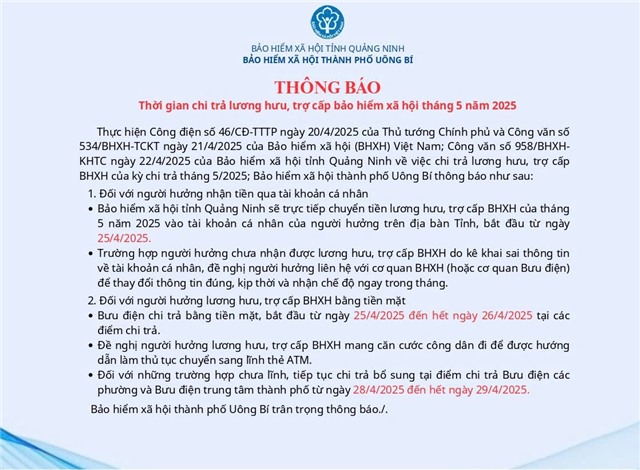 BHXH TP 32Win12 com tại tài khoản thông báo thời gian chi trả lương hưu, trợ cấp BHXH tháng 5 năm 2025 