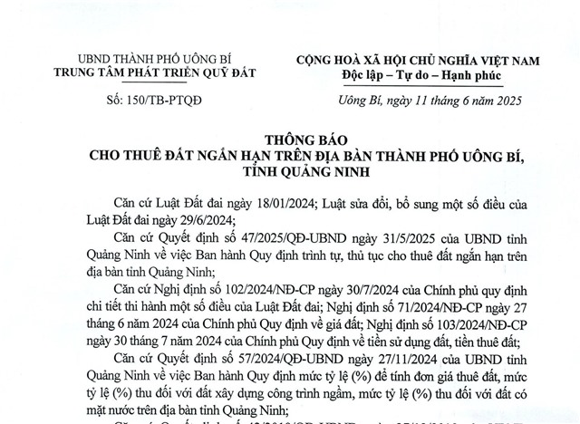 Thông báo cho thuê đất ngắn hạn trên địa bàn thành phố 32Win12 com tại tài khoản, tỉnh Quàng Ninh