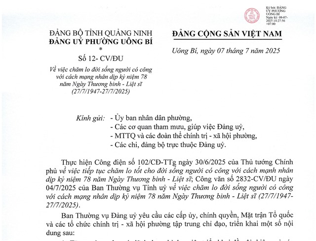 Công văn Về việc chăm lo đời sống người có công với cách mạng nhân dịp kỷ niệm 78 năm Ngày Thương binh - Liệt sĩ (27/7/1947-27/7/2025)